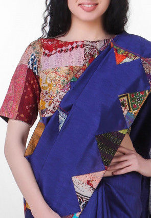 Kantha Pure Dupion Silk Saree in Navy Blue