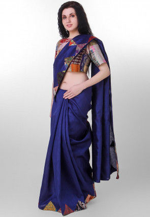 Kantha Pure Dupion Silk Saree in Navy Blue