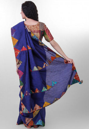 Kantha Pure Dupion Silk Saree in Navy Blue