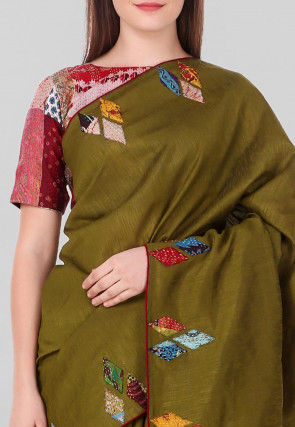 Kantha Pure Dupion Silk Saree in Olive Green
