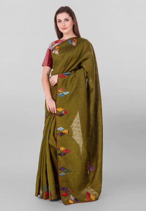 Kantha Pure Dupion Silk Saree in Olive Green