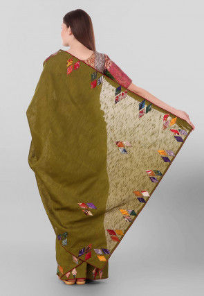 Kantha Pure Dupion Silk Saree in Olive Green