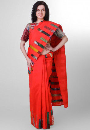 Kantha Pure Dupion Silk Saree in Red