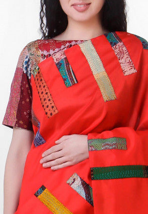Kantha Pure Dupion Silk Saree in Red