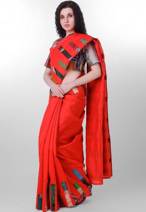 Kantha Pure Dupion Silk Saree in Red