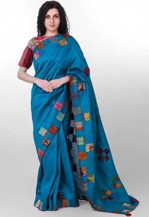 Kantha Pure Dupion Silk Saree in Teal Blue