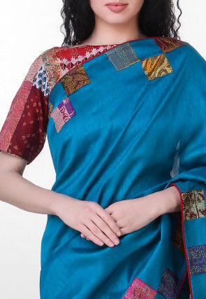 Kantha Pure Dupion Silk Saree in Teal Blue