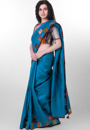 Kantha Pure Dupion Silk Saree in Teal Blue