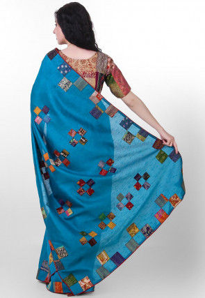Kantha Pure Dupion Silk Saree in Teal Blue