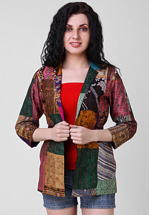 Kantha Pure Silk Jacket in Multicolor