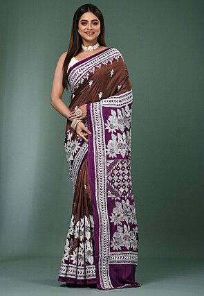 Kantha Pure Silk Saree in Dark Brown
