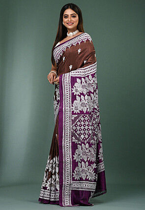 Kantha Pure Silk Saree in Dark Brown