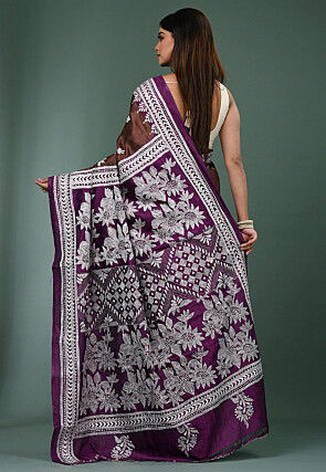 Kantha Pure Silk Saree in Dark Brown
