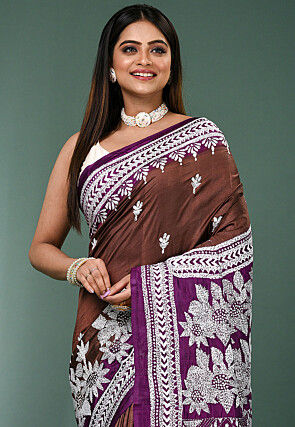 Kantha Pure Silk Saree in Dark Brown