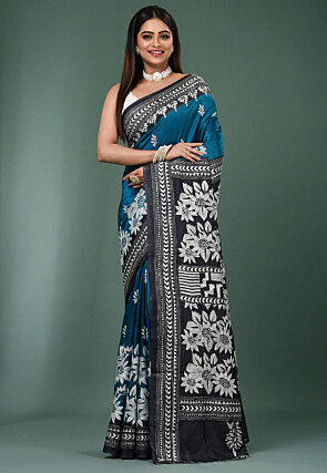 Kantha Pure Silk Saree in Teal Blue