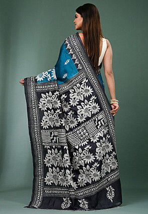 Kantha Pure Silk Saree in Teal Blue