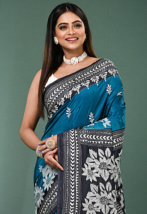 Kantha Pure Silk Saree in Teal Blue