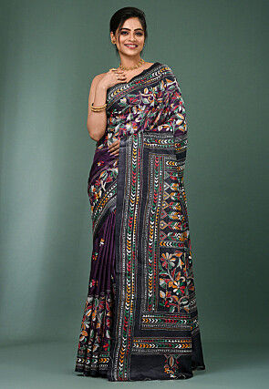 Kantha Pure Silk Saree in Wine