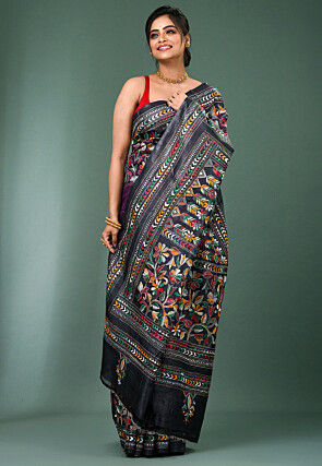 Kantha Pure Silk Saree in Wine
