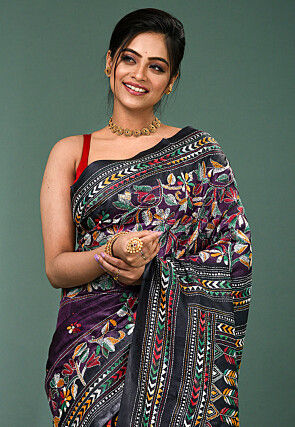 Kantha Pure Silk Saree in Wine