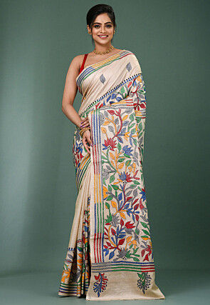 Kantha Pure Tussar Silk Saree in Light Beige