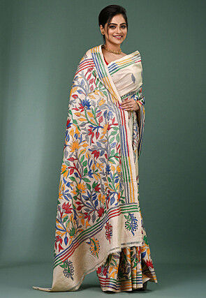 Kantha Pure Tussar Silk Saree in Light Beige