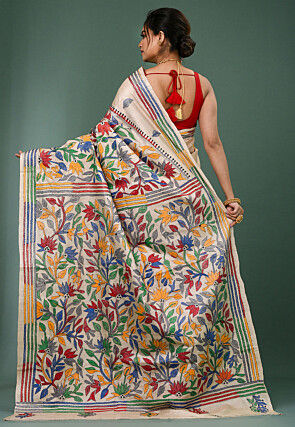 Kantha Pure Tussar Silk Saree in Light Beige