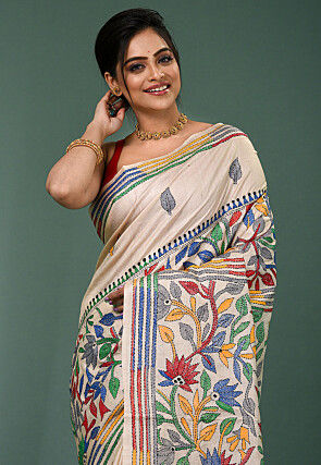 Kantha Pure Tussar Silk Saree in Light Beige