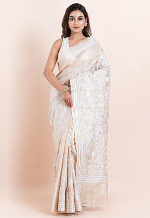 Kantha Tussar Silk Saree in Off White