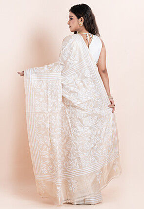 Kantha Tussar Silk Saree in Off White