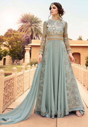 Embroidered Net and Georgette Abaya Style Suit in Pastel Blue