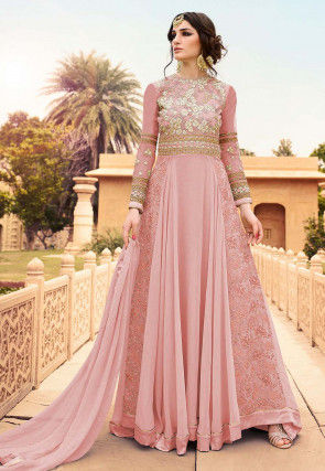 Embroidered Georgette and Net Abaya Style Suit in Baby Pink