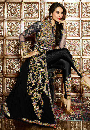 Embroidered Georgette Jacket Style Abaya Suit in Black