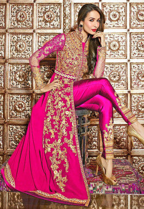 Embroidered Georgette Jacket Style Abaya Suit in Fuchsia
