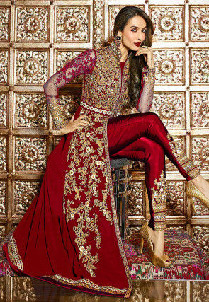 Embroidered Georgette and Net Pakistani Suit in Maroon