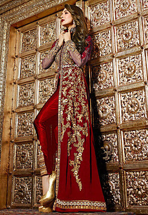 Embroidered Georgette and Net Pakistani Suit in Maroon