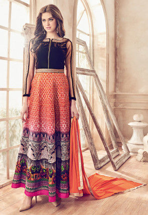 Printed Art Silk Abaya Style Suit in Orange and Brown