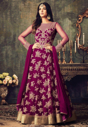 Embroidered Net Abaya Style Suit in Magenta