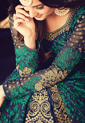 Embroidered Georgette Abaya Style Suit in Navy Blue