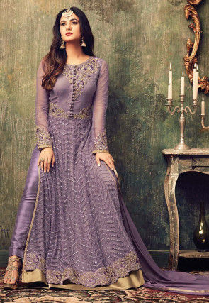 Embroidered Net Abaya Style Suit in Lilac