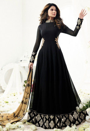 Embroidered Georgette Abaya Style Suit in Black