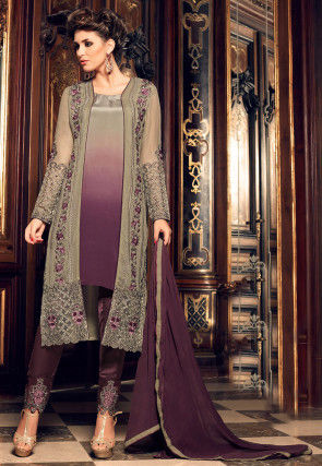 Embroidered Georgette Pakistani Suit in Beige and Violet