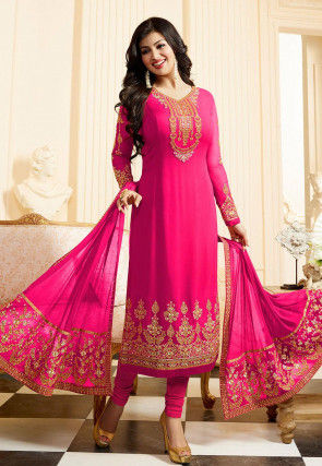 Embroidered Georgette Straight Suit in Fuchsia