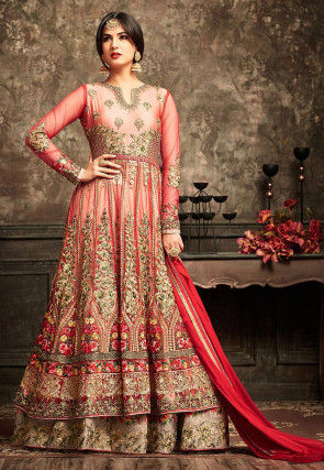 Embroidered Net Abaya Style Suit in Red