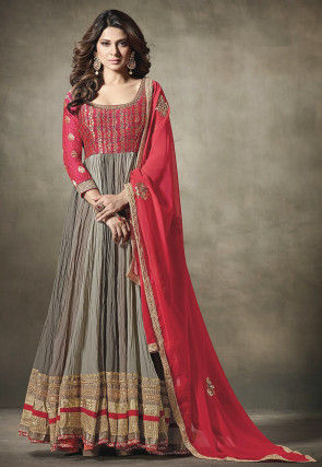 Embroidered Georgette Abaya Style Suit in Red and Fawn