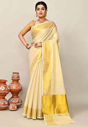 Kerala Kasavu Pure Cotton Saree in Beige