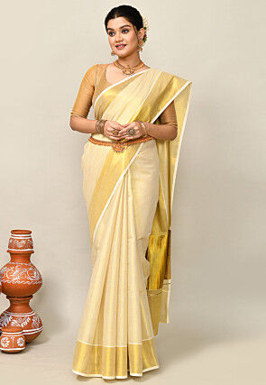 Kerala Kasavu Pure Cotton Saree in Beige