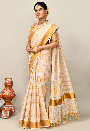 Kerala Kasavu Pure Cotton Saree in Beige