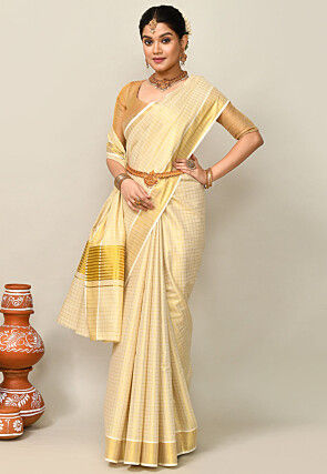 Kerala Kasavu Pure Cotton Saree in Beige