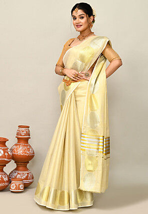 Kerala Kasavu Pure Cotton Saree in Beige